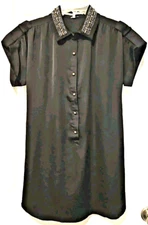 New S Collective Concepts Black Embellished Collar Shirt Cocktail Dress Silky