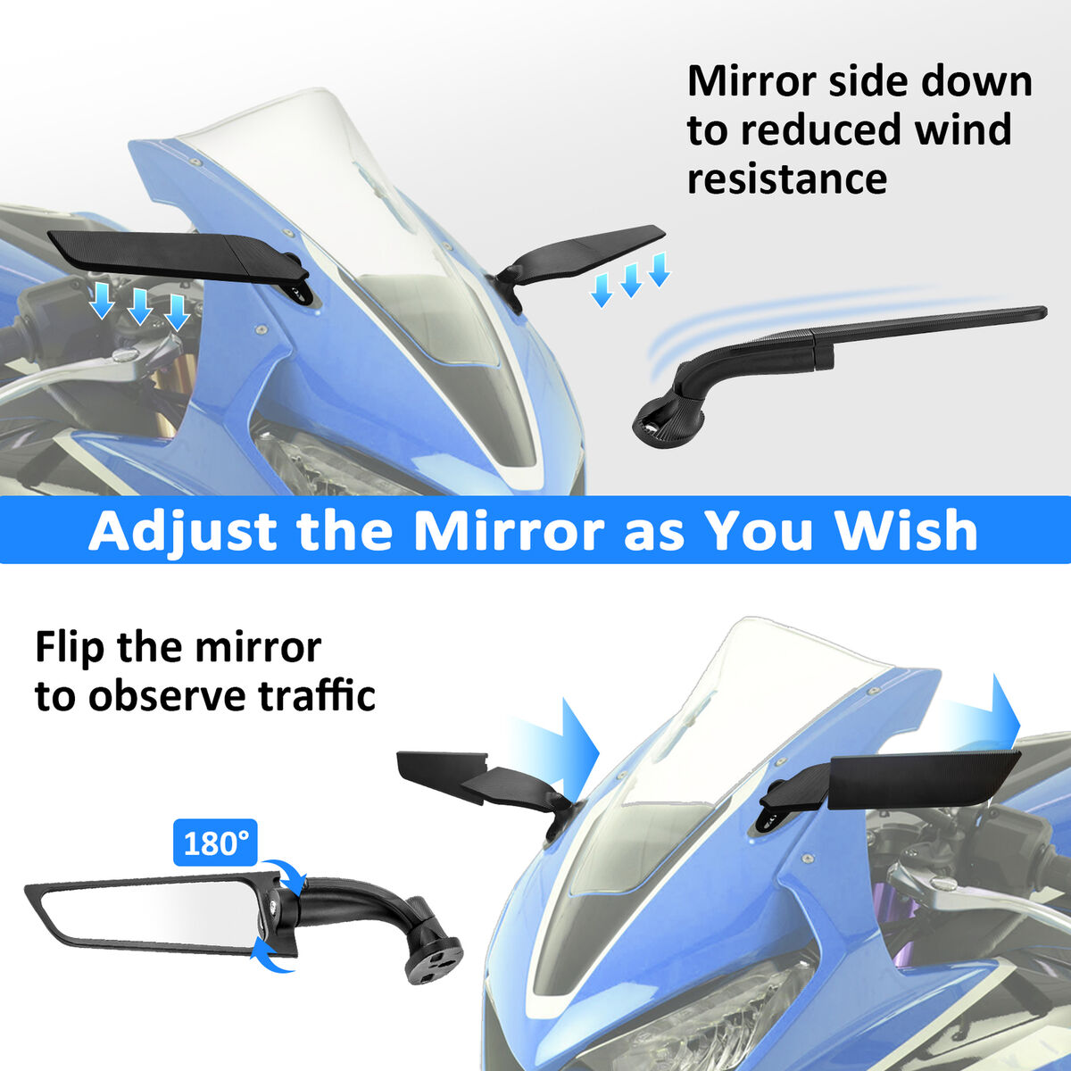 For Kawasaki Ninja ZX14R Wing Mirrors Adjustable Foldable Rearview Wind Mirrors For Kawasaki Ninja ZX14R Wing Mirrors Adjustable Foldable Rearview Wind Mirrors