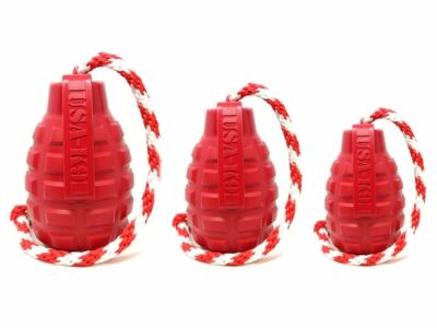 USA-K9 Grenade Durable Chew Toy & Treat Dispenser Retrieving toy With Rope Red