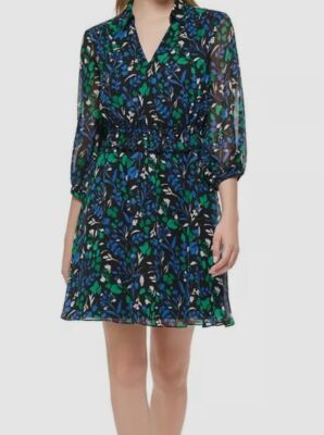 Karl Lagerfeld Paris Women's Black Floral Printed Chiffon A Line Dress Size 8