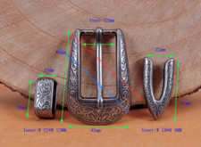 22mm Vintage Silver Texas Flower Engraved Cowboy 3 piece Western belt buckle Set