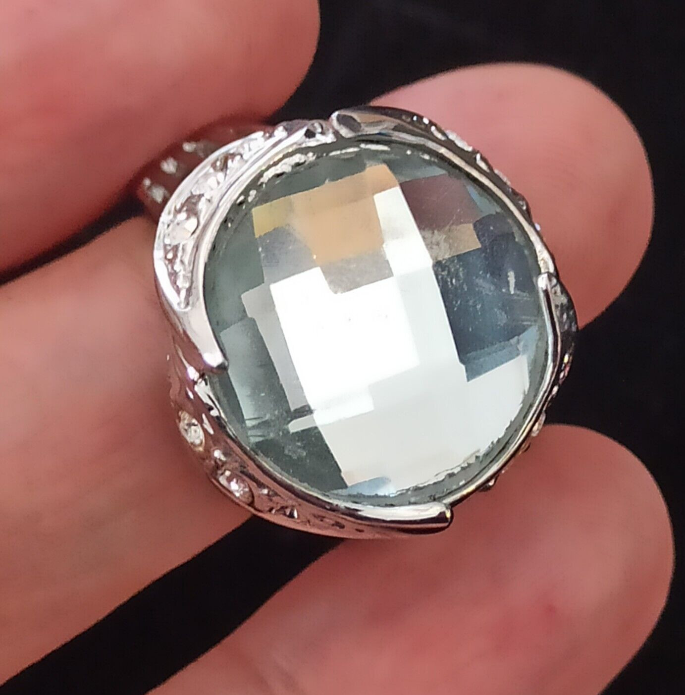 Clear Crystal Ring Faceted Statement Vintage Sign… - image 1