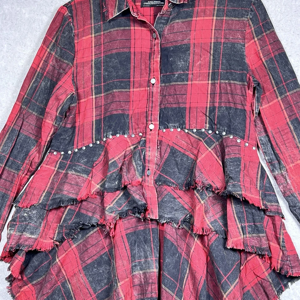 Zara Shirt Womens Medium Red & Black Plaid Button Up High Low Stud Accent Ruffle - Image 3 of 4