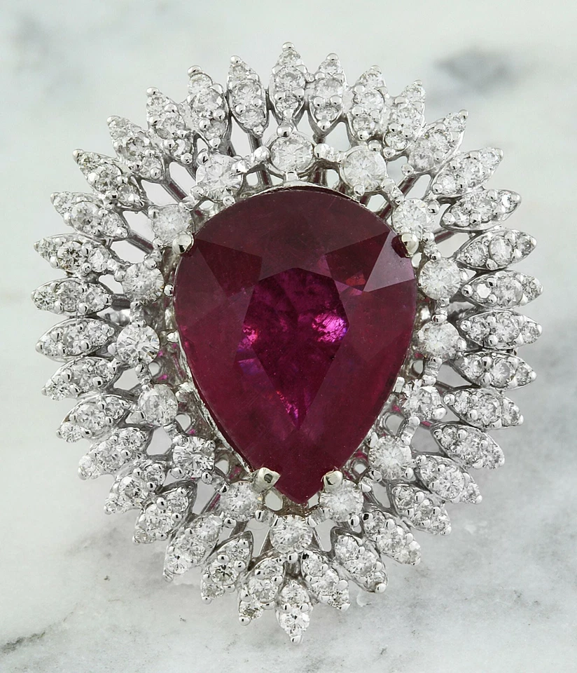 10.42CT Raspberry Red Pear Cut Ruby & Genuine White CZ Cluster Magnificent Ring - Image 2 of 4