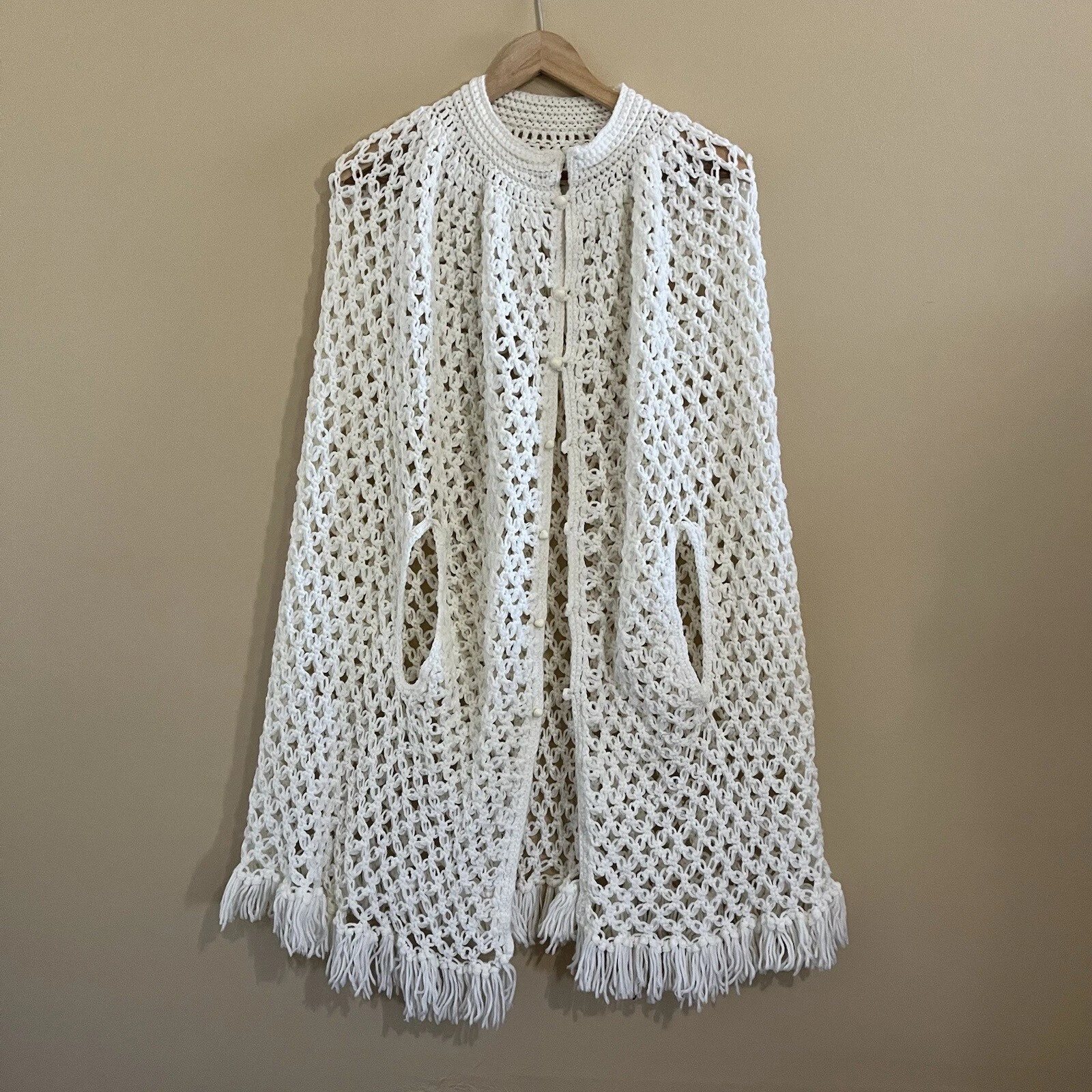 Women’s White Open Knit Vintage Long Line Fringed Boho Hippie Poncho Shawl OS
