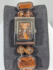 Brown Dial Rectangle Gunmetal Gray Case Brown Cab%ochon Stretch Band Watch