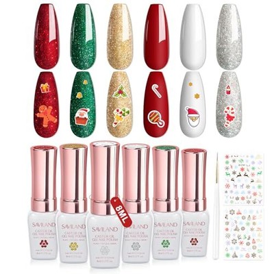  Christmas Gel Nail Polish Set - 6 Colors Glitter White Red Green Sliver 