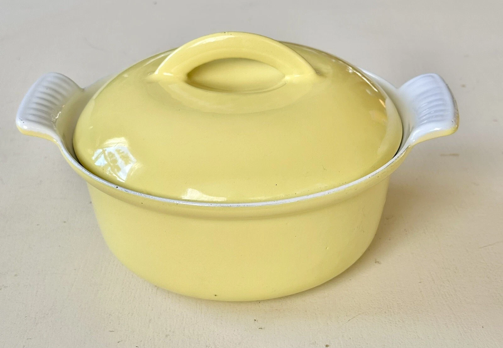 Vintage Descoware Belgium Yellow Enamel Cast Iron Casserole Dutch Oven w/Lid