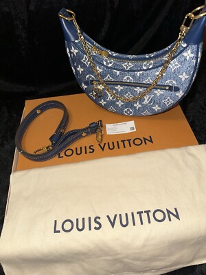 Louis Vuitton Loop Blue Denim Monogram Gold Chain Moon Crossbody Shoulder Bag