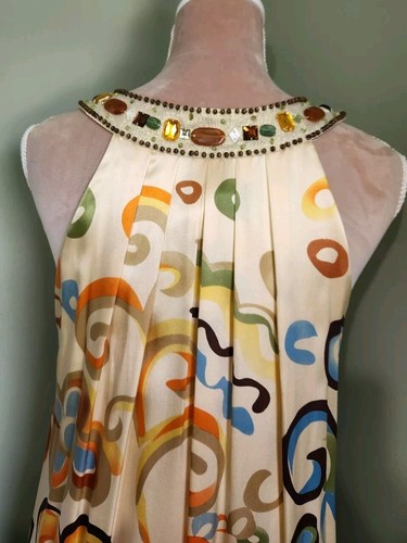 Sue Wong Silk Dress Women 4 Beige Cream Floral Boho Chic Beaded Embellished Midi - Picture 6 of 13