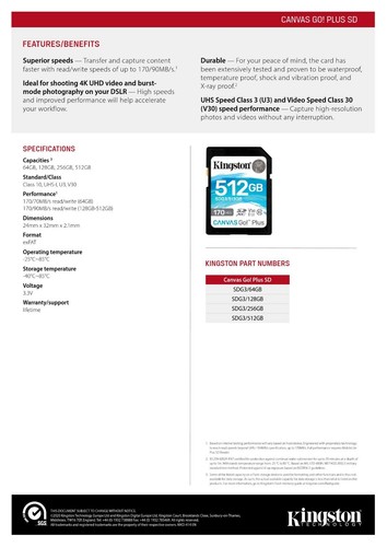 Kingston SD SDG3/64 128 256 MemoryCard CanvasGo DSLRs mirrorless cameras and 4K - Picture 5 of 14