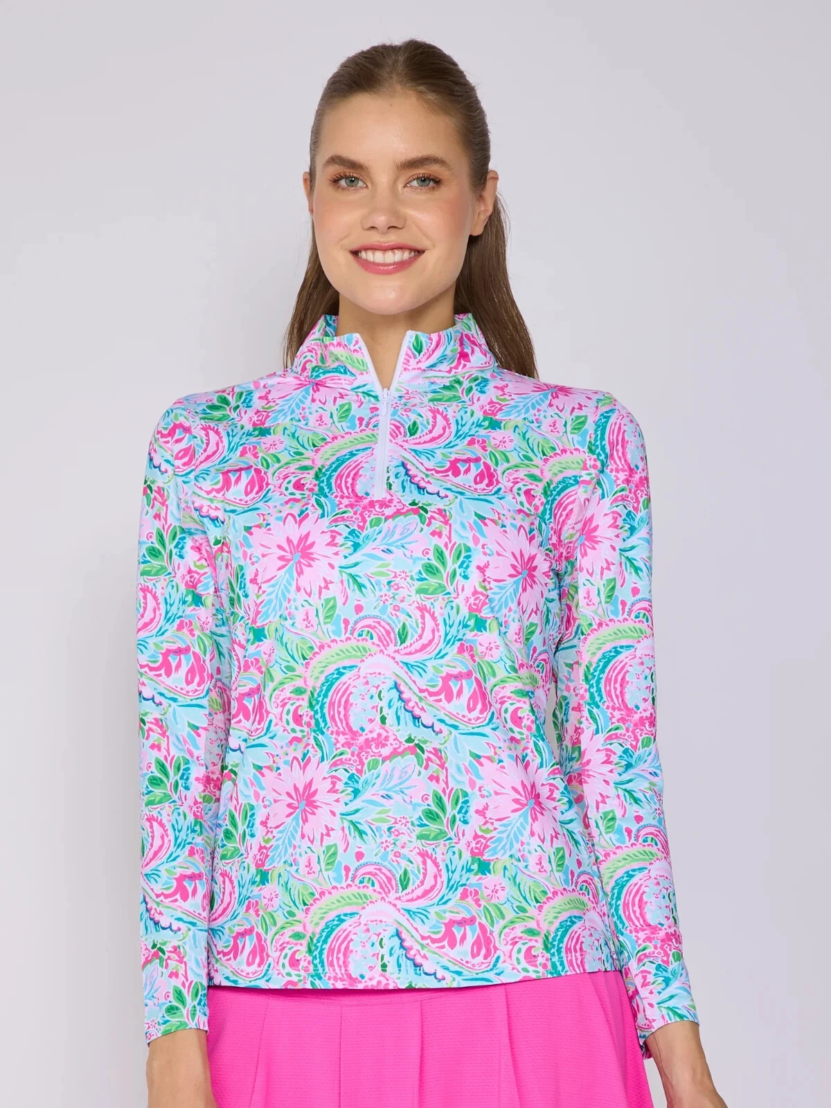 NWT GOTTEX Pink Blue FLOWER GARDEN Golf Tennis Long Sleeve Mock Shirt XS S L XL