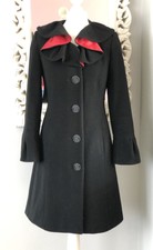 John Lewis Coat S Black Wool Cashmere Ruffle Collar Red Lining Fluted Sleeve