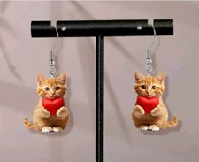 Orange cat earrings Valentine Acrylic Flat 2D fashion jewelry NEW Free Ship