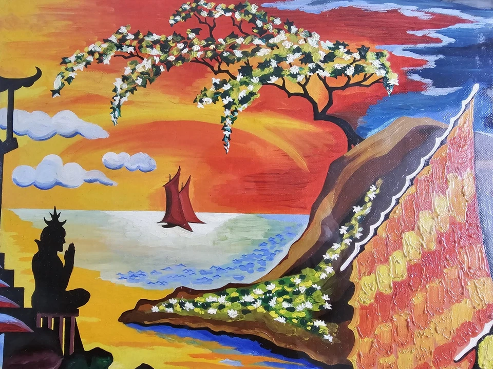 ARTE - Pintura al óleo vintage original firmada Ken Westerfelt 24x18 enmarcada budista Foto 4 de 4