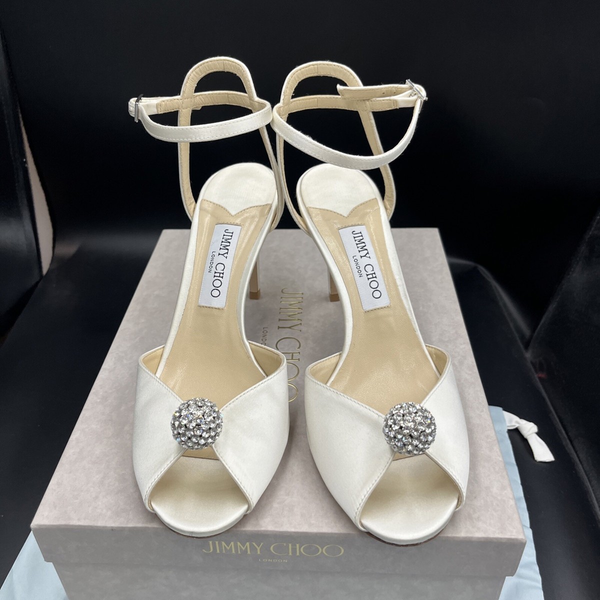 Jimmy Choo Sacora 85 Ivory Satin Crystal Heels Bridal Shoes Size