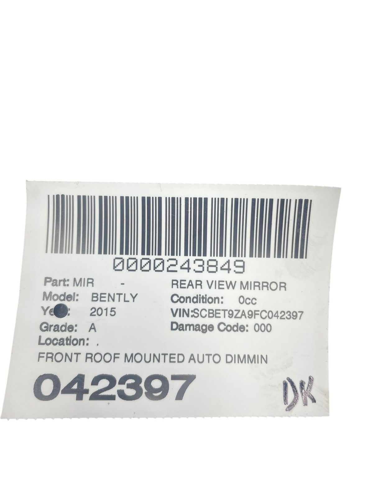 2013-2019 BENTLEY FLYING SPUR 4W 223B FRONT ROOF MOUNT AUTO DIM REARVIEW MIRROR