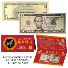 STAR NOTE 2026 CNY Year of the HORSE Lucky Money $5 Bill with Red Folder