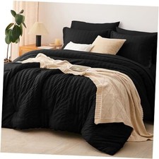 Comforter Set Seersucker 7 Pieces Bed in a Bag Comforter Set with Queen Black