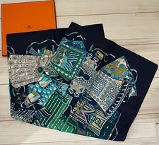Hermes Voyage en Etoffes Silk Scarf 90x90cm Blue Green Used Authentic
