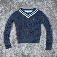 VTG Polo Ralph Lauren Boys Navy Blue Cable Knit V-Neck Cricket Sweater Size 6