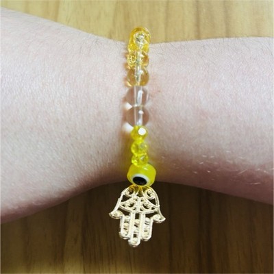 Bubbles & Baubles Studio Handmade Beaded Bracelet Yellow Glass Hamsa Evil Eye