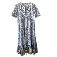Ro's Garden Blue Floral Tiered Boho Maxi Lined Women's Dress Size Small