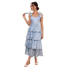 Lulus Light Blue Floral Jacquard Tiered Midi Dress Tie-Strap Sweetheart Size Med