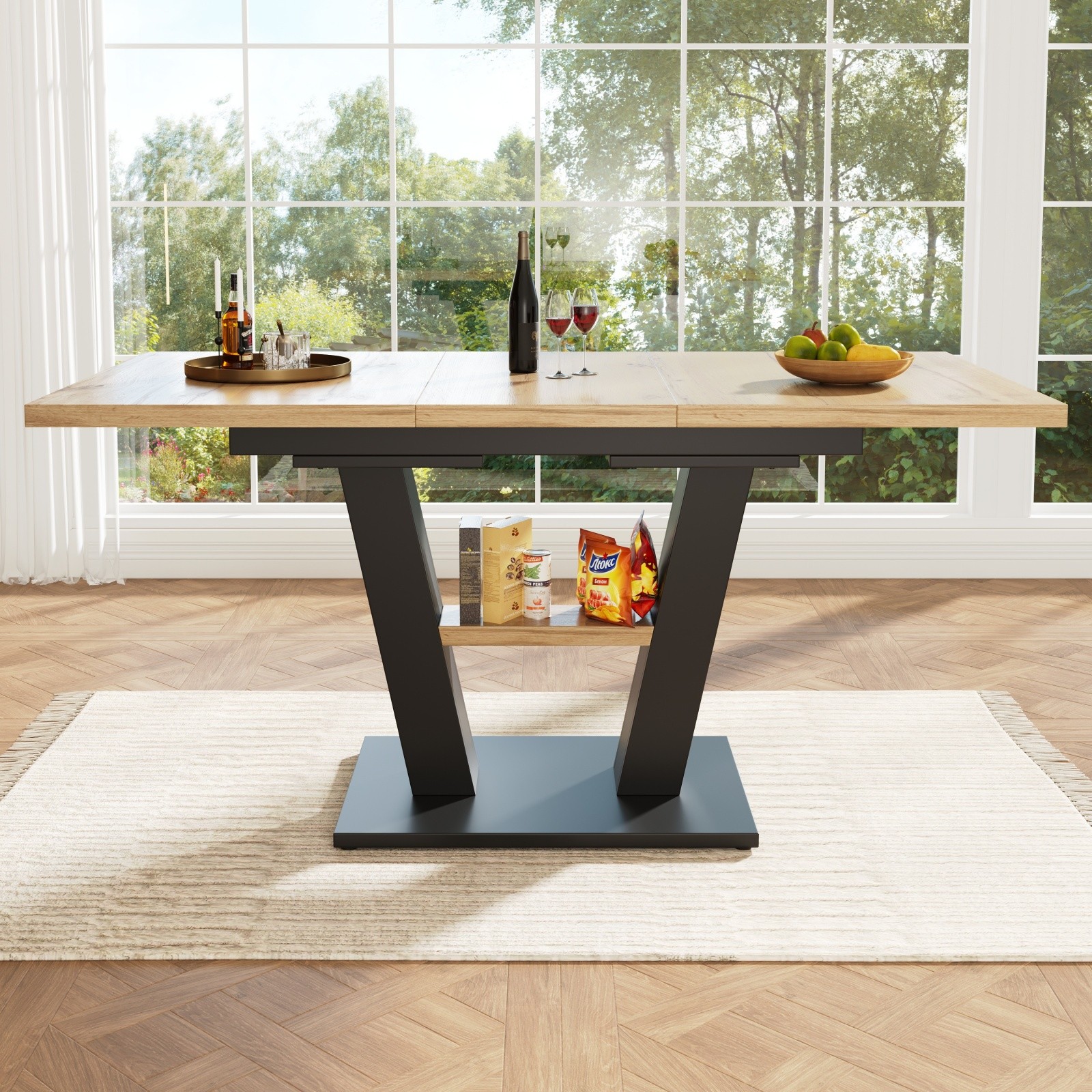 Dining Table 118-157cm Wood Extendable Table for 4-6 People, Large Kitchen Table