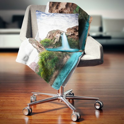 Designart 'Amazing Waterfall under Cloudy Sky' Landscape Blue 59 in. x 71 in.