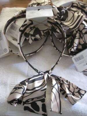 Goody Silky Fabric Wide Head Band Beige With Dark Designs Tie Back Bow Headband