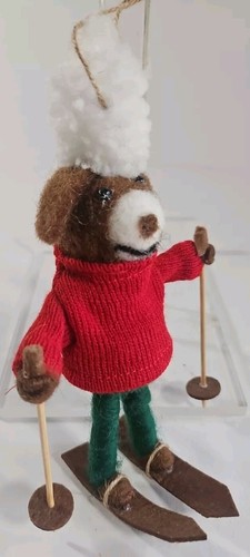 Pottery Barn "Daredevil Dog" On Skis W/Poles Christmas Tree Ornament Felted Wool - Picture 2 of 11