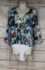 Womens Size Large Floral Bodysuit One Piece Blouse White Green Purple
