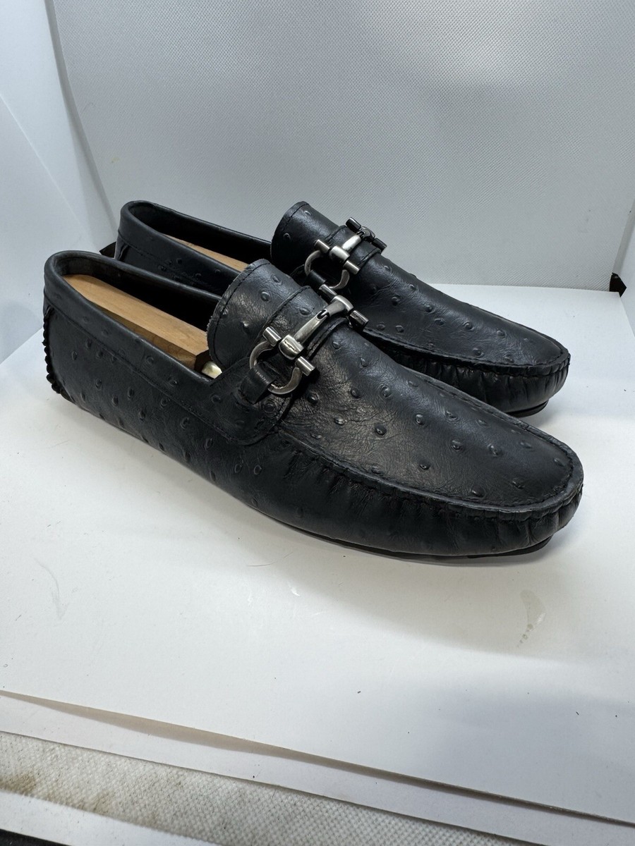 Mens Salvatore Ferragamo LE Ostrich Gray Leather Loafer Shoe 