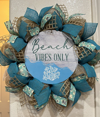 Rustic BEACH VIBES ONLY Welcome WREATH  ️ Burlap Deco Mesh 24 x 24 Coastal
