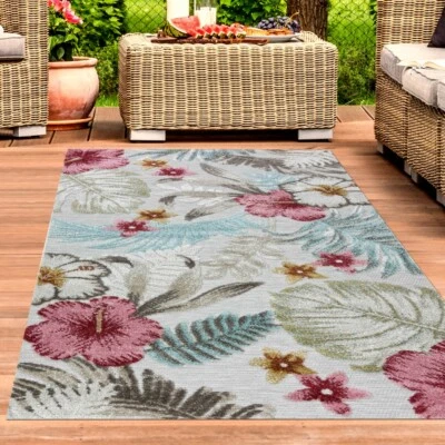 Tapis intérieur & extérieur effet 3D fleurs motif feuilles turquoise coloré - Photo 1/4