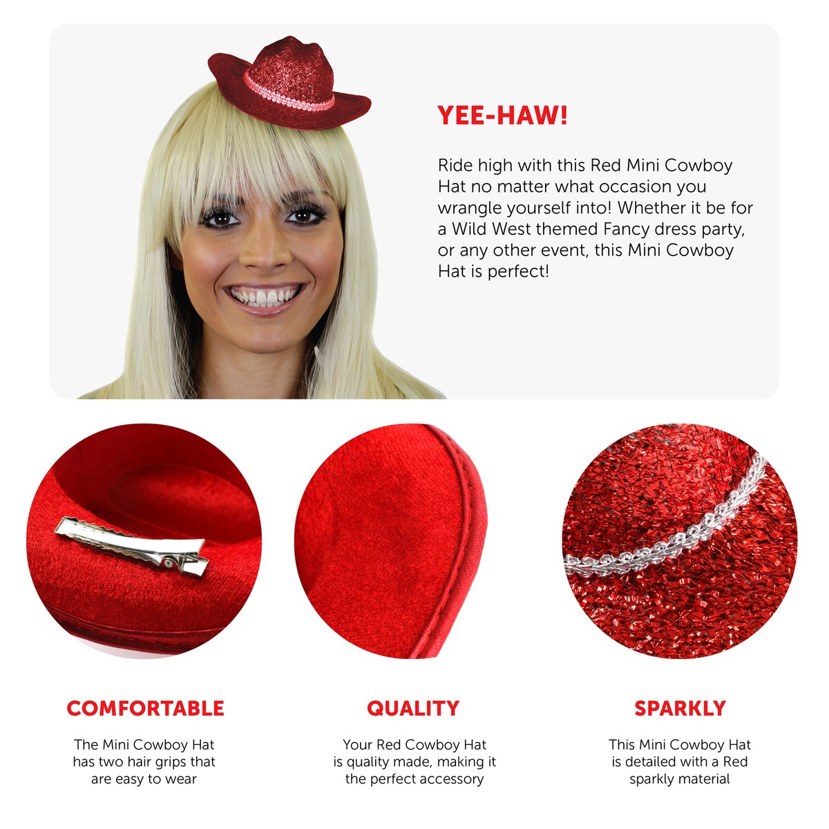 RED MINI COWBOY HAT HARRY STYLES COWGIRL FANCY DRESS GLITTER FASCINATOR  CLIP ON