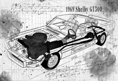 Line Tech Zeichnung 1969 Shelby GT500 Mustang Cutaway Kunst Posterdruck