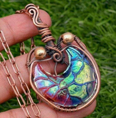 Peacock Druzy Cat Shape Copper Wire Wrapped Handmade Jewelry