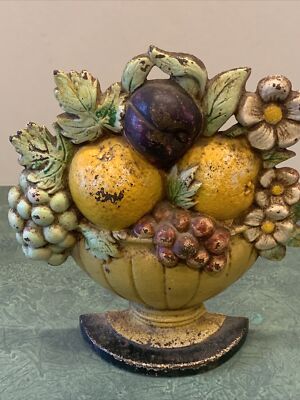 Antique Hubley Fruit Bowl Cast Iron Doorstop #456 Oranges Flowers Antique Hubley Fruit Bowl Cast Iron Doorstop #456 Oranges Flowers