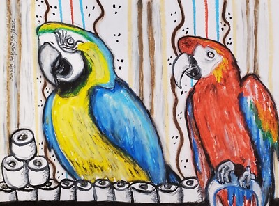 MACAW Hoarding Toilet Paper ACEO PRINT Art Card 2.5 X 3.5 Signed Exotic Birds