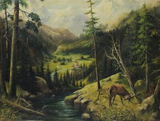 Gemälde Öl Leinwand Wald Landschaft Hirsch signiert Arthur Grosser 84 x 64 cm