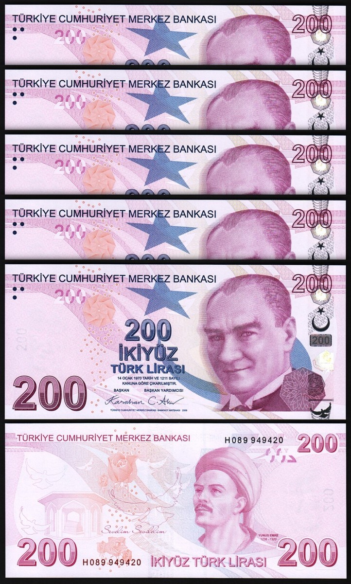 Turkey 200 Lira 2009 - 2024, UNC, 5 Pcs LOT, Consecutive, Prfx H