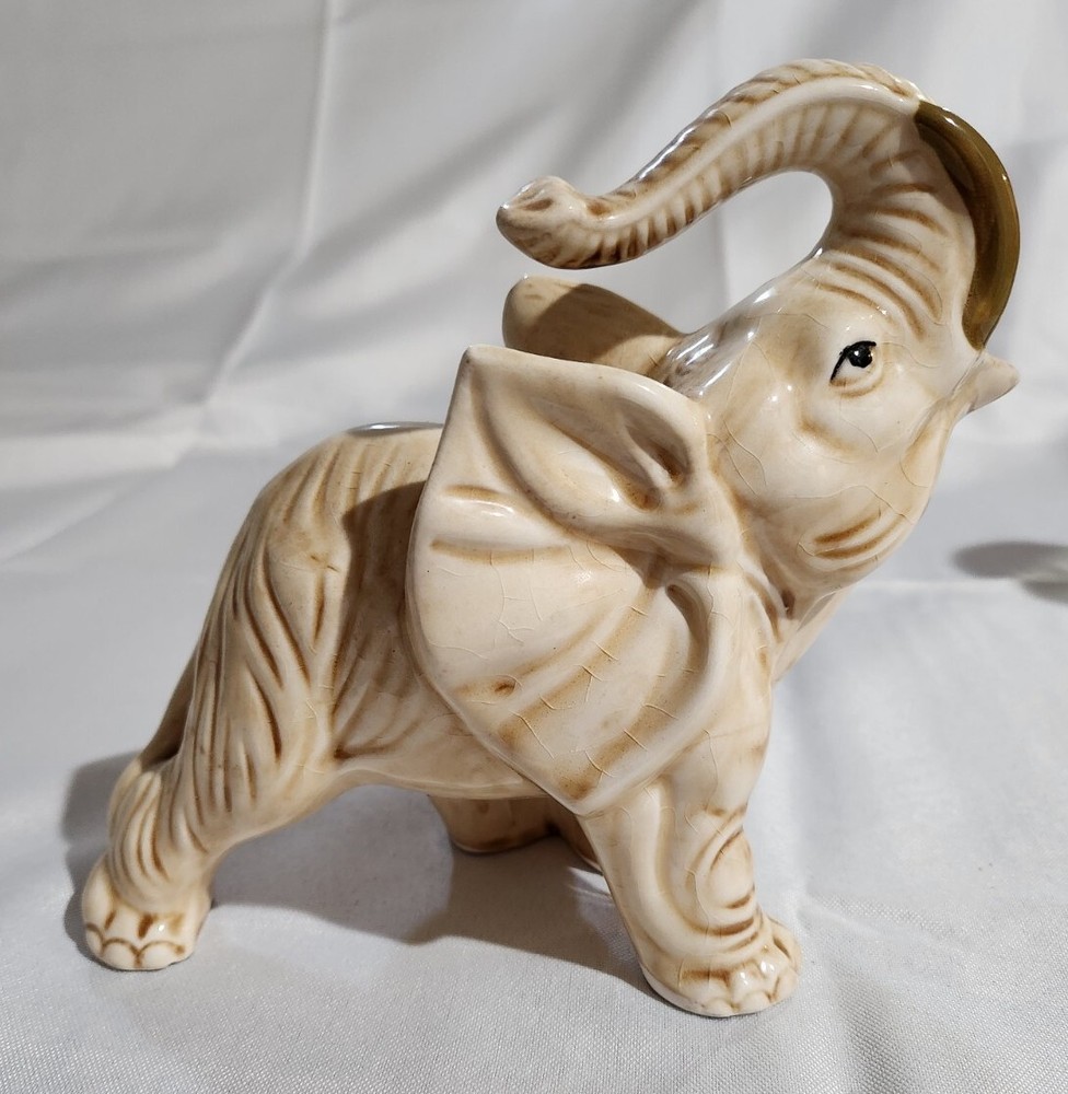 Vintage Ceramic Realistic Beige Elephant Trunk Up Figurine Japan 6