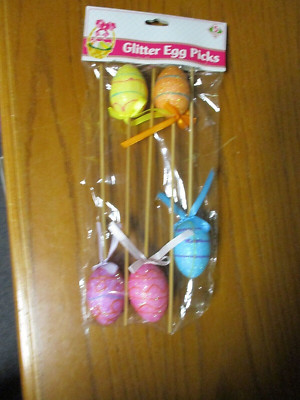 5 Easter Glitter Egg Picks Decor- 11'' - Pink, Yellow, Orange, Blue - NIP