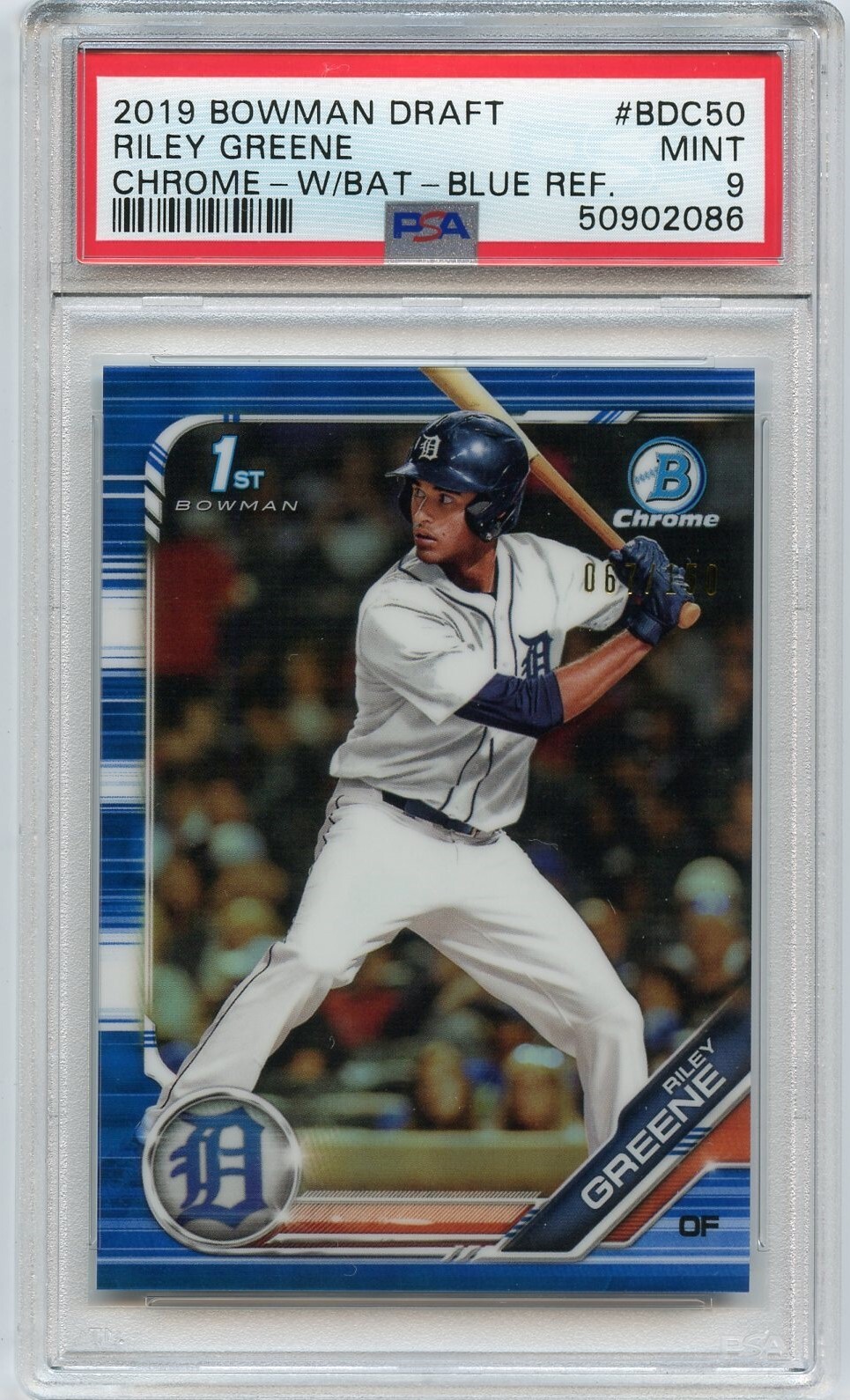 2019 RILEY GREENE 1st BOWMAN CHROME BLUE REFRACTOR /150 PSA 9 MINT ROOKIE CARD!