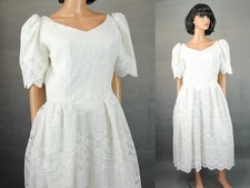 Hippie Wedding Gown Sz M Vintage 70s White Lace Short Sleeve Tea Length Dress