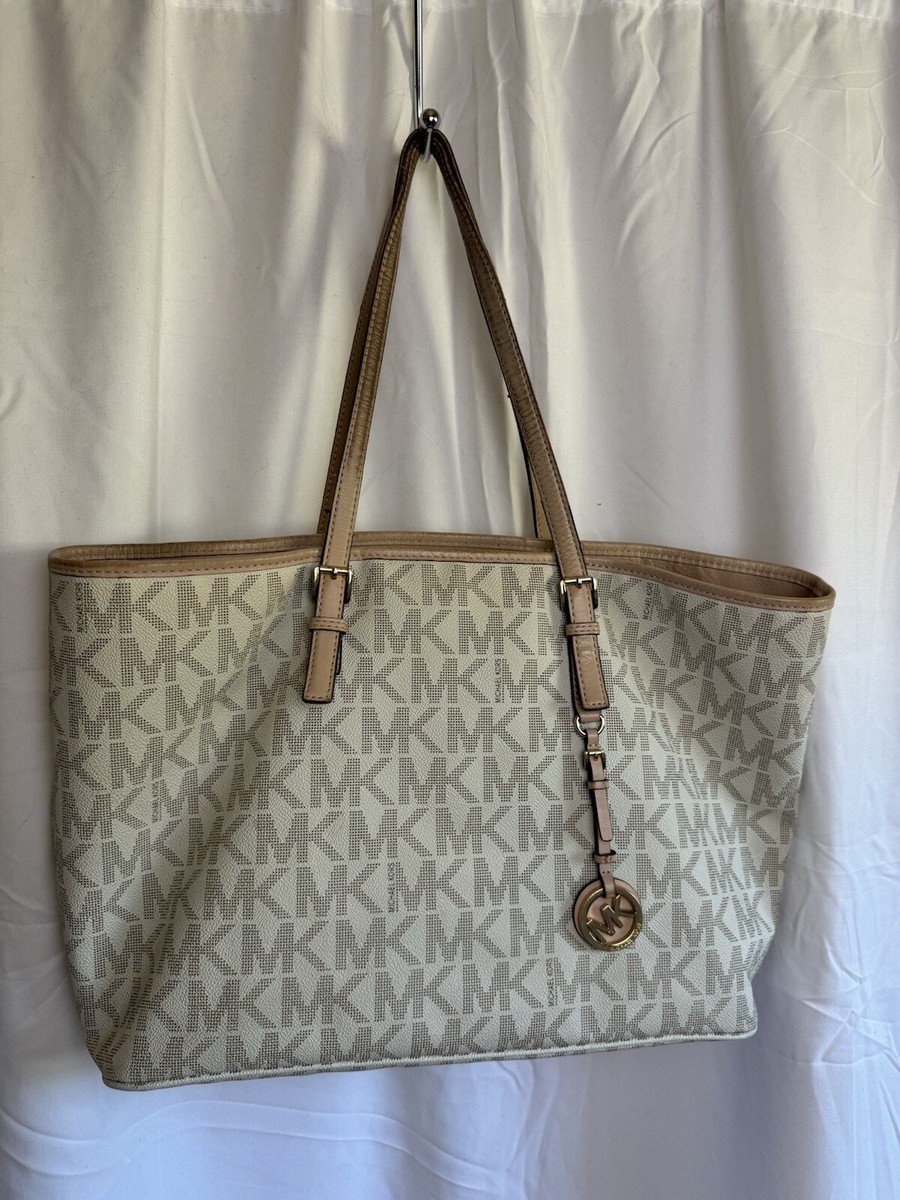 Michael Kors Signature Jet Set Zip Tote Vanilla Large Monogram Bag