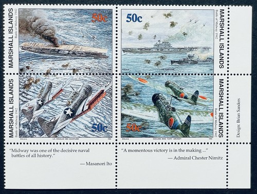 MARSHALL ISLANDS BATTLE OF MIDWAY 1942 WWII 1992 BLOCK OF 4 STAMPS W43 #312-15