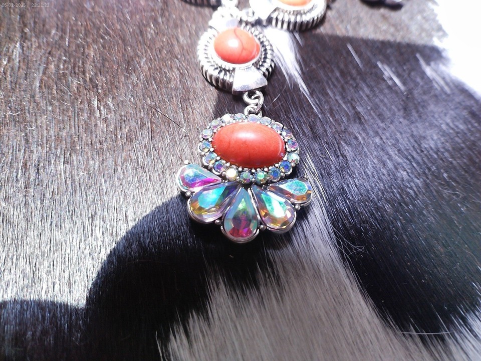 Western Orange Turquoise Statement Necklace AB Rhinestone Cowgirl ...